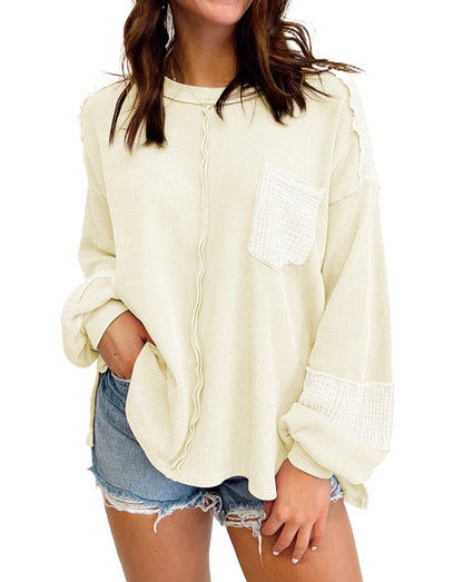 Patchwork Gauze Exposed Seam Waffle Top