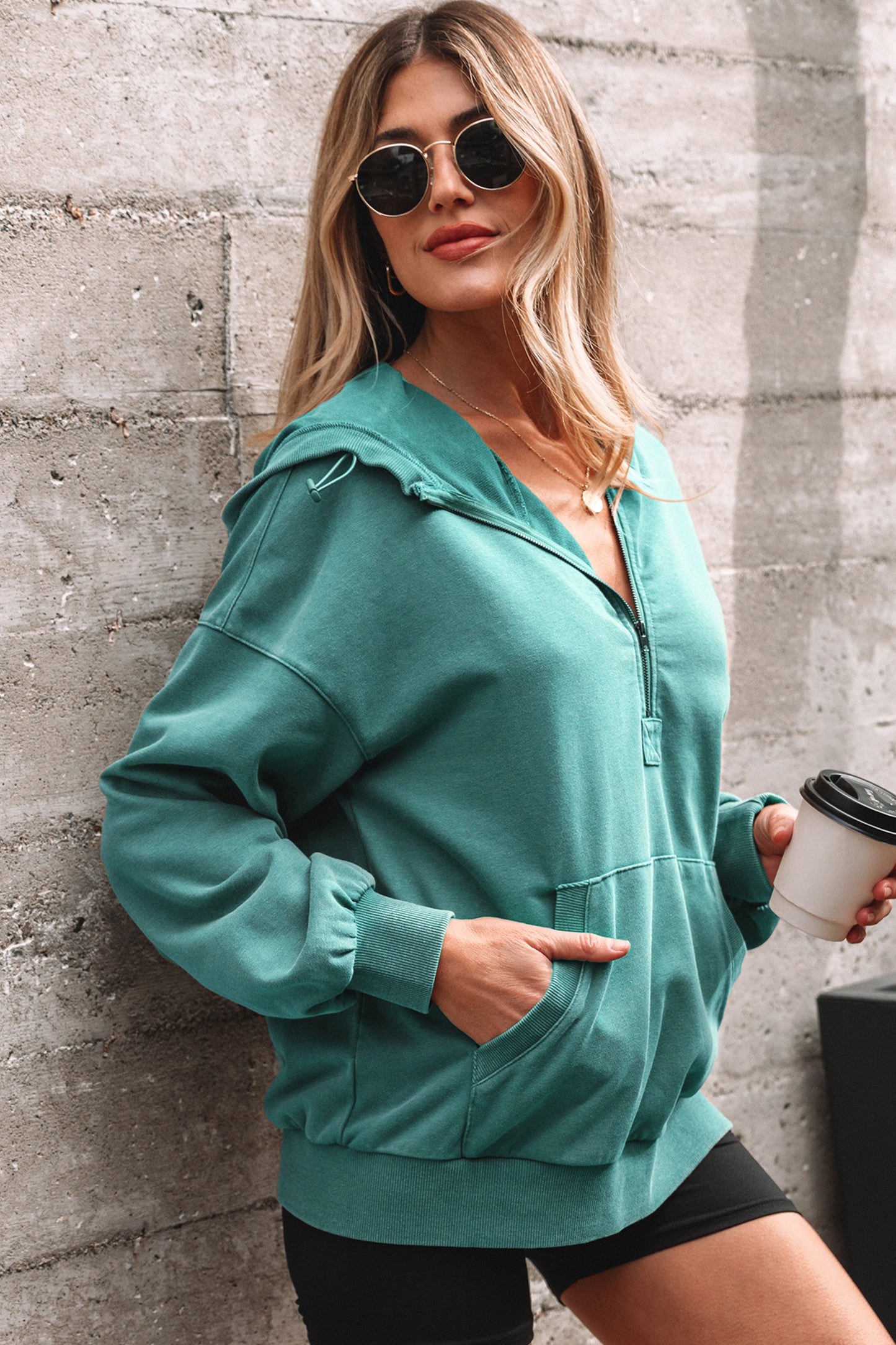 Solid Half-Zip Kangaroo Pocket Baggy Hoodie