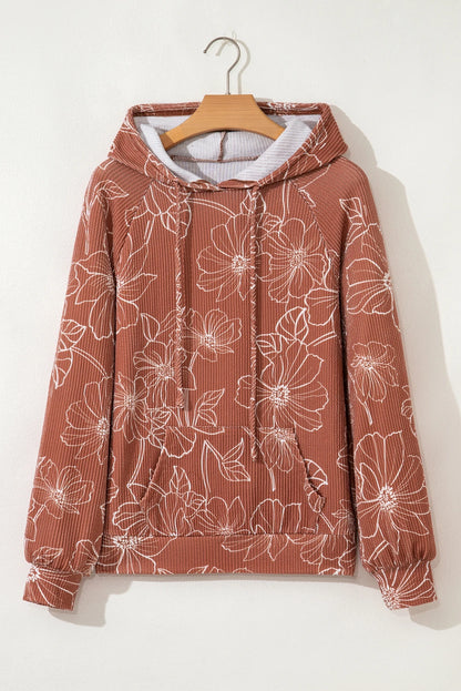 Floral Corded Knit Drawstring Kangaroo Pocket Hoodie