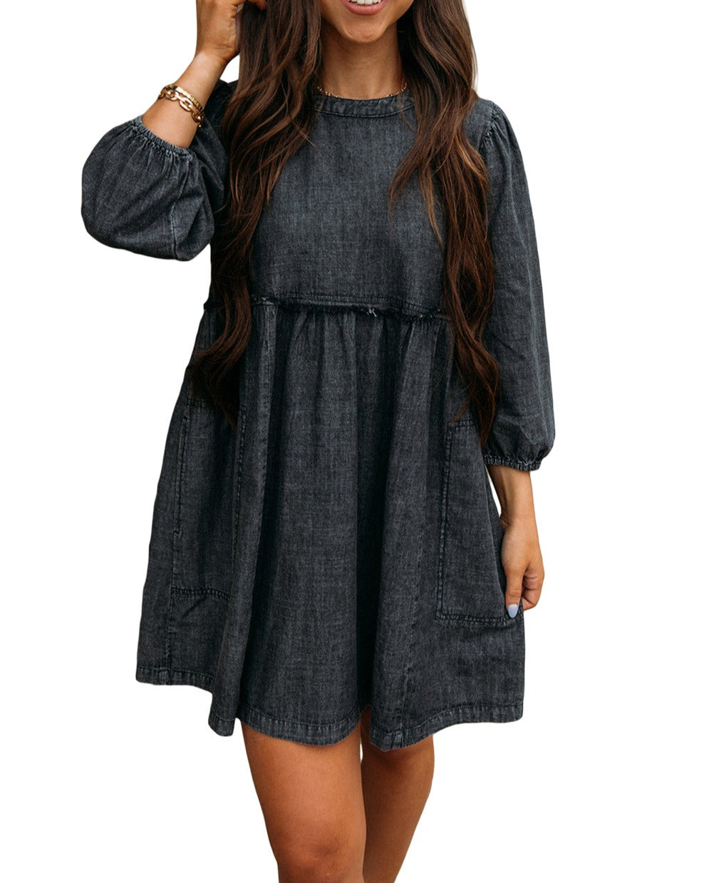 Denim Chambray Puff Sleeve Dress