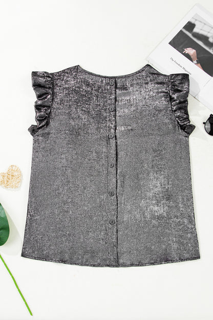 Metallic Ruffle Trim Sleeveless Round Neck Top