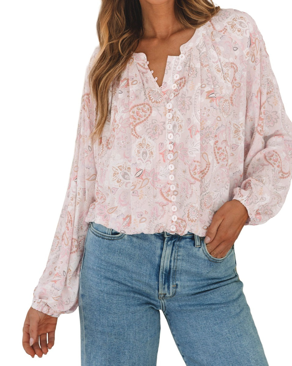 Paisley Buttoned Bubble Sleeve Blouse