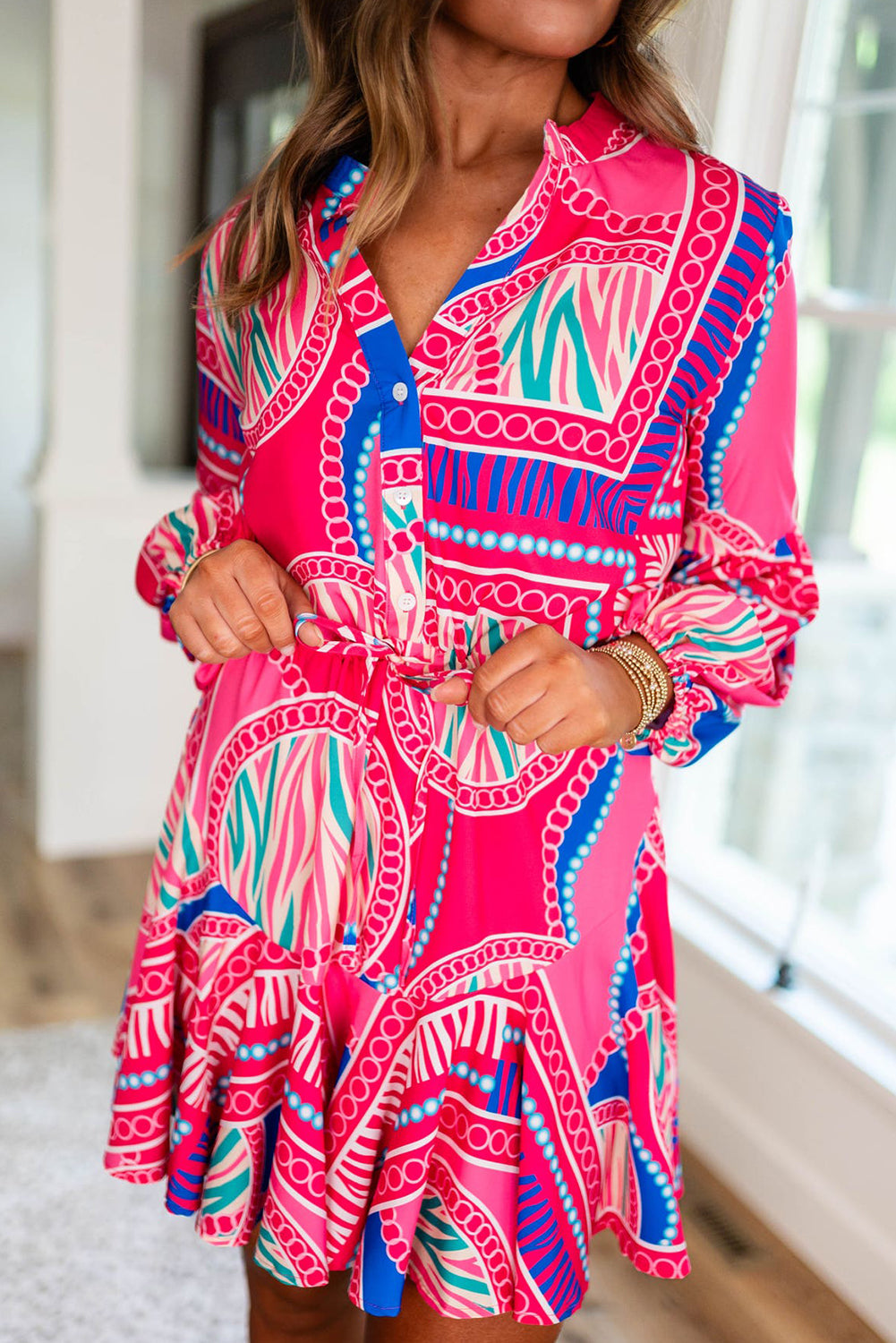 Boho Abstract Puff Sleeve Mini Dress