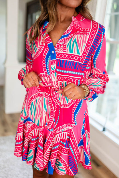 Boho Abstract Puff Sleeve Mini Dress