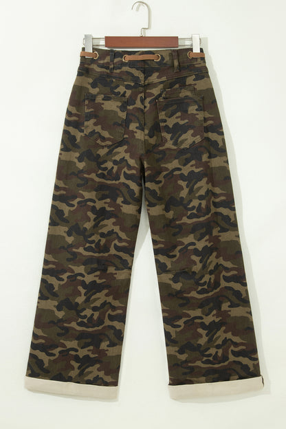 Camo Retro Grommet Tie Waist Loose Jeans