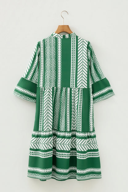 Boho Geometric Stripe Half Buttoned Dress