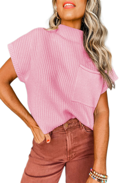 Ribbed Short Sleeve Pocketed Sweater