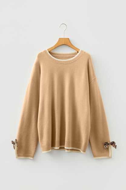 Plus Size Leopard Bow Split Cuff Sweater