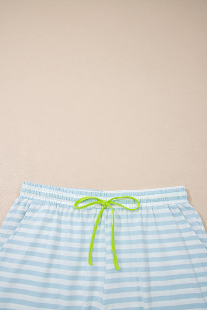 Stripe Contrast Trim Tee & Drawstring Shorts Set
