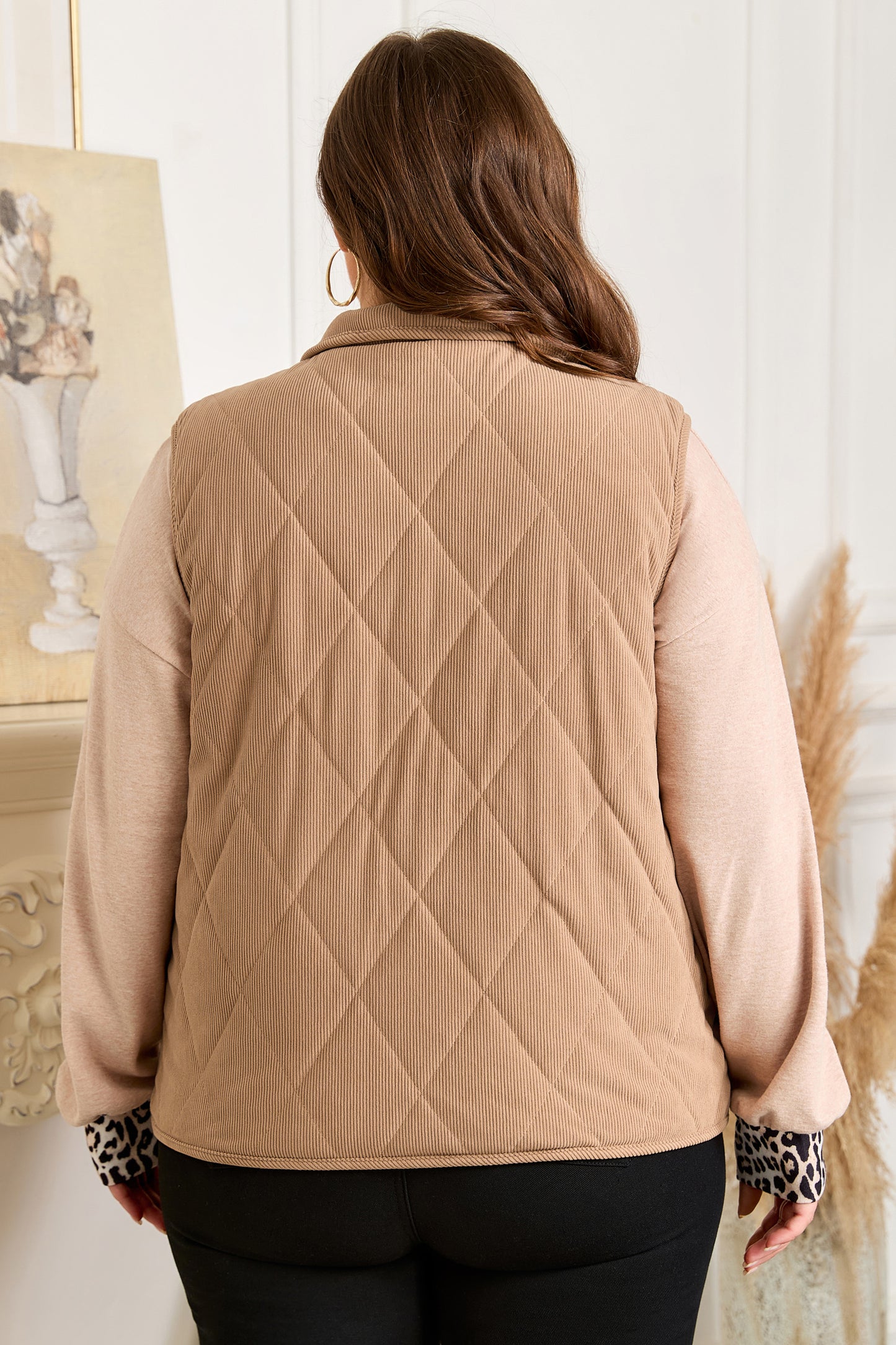 Plus Size Quilted Corduroy Snap Button Vest Jacket