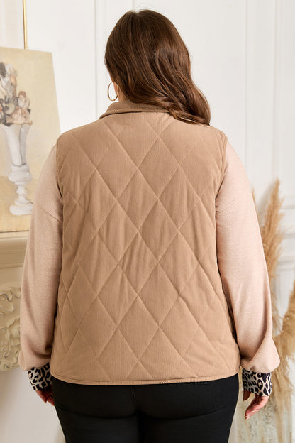 Plus Size Quilted Corduroy Snap Button Vest Jacket