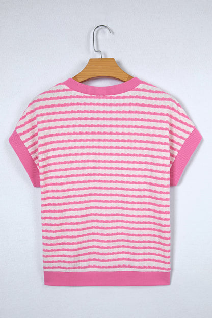 Stripe Textured Knit V-Neck Short Sleeve Top