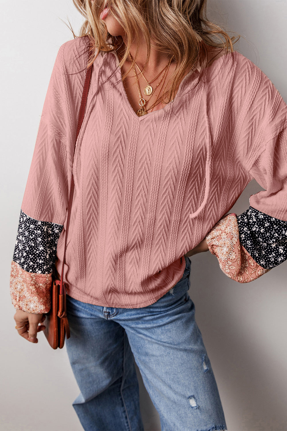 Floral Colorblock Textured V-Neck Blouse