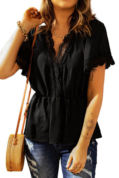 Lace Trimmed Short Sleeve Blouse