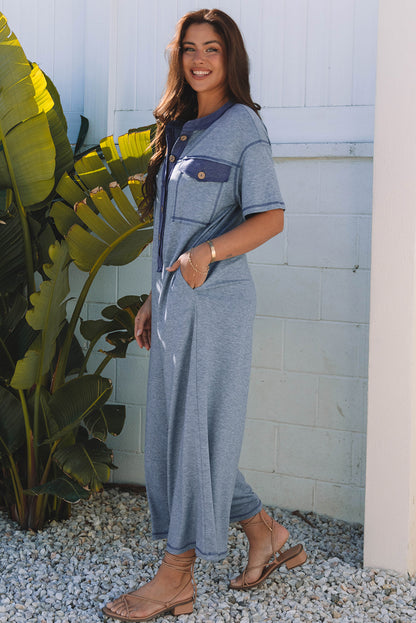 Half Placket Chest Pockets Wide Leg Jumpsuit