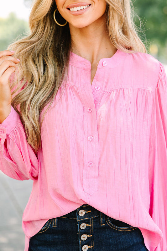 Pleated Puff Sleeve Buttoned Blouse