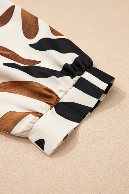 Abstract V-Neck Puff Sleeve Blouse