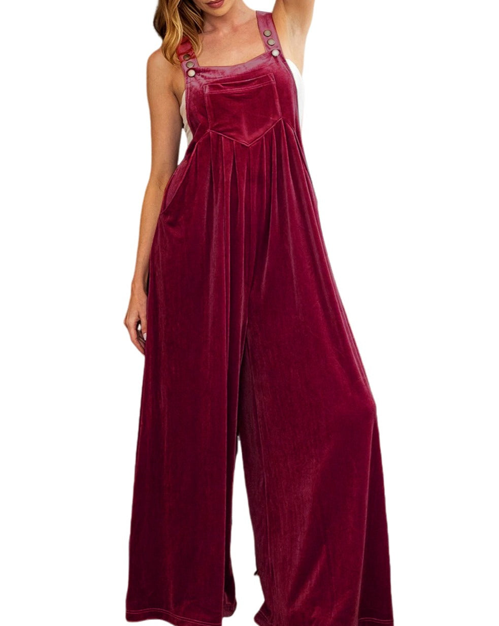 Velvet Pleated Wide Leg Overall