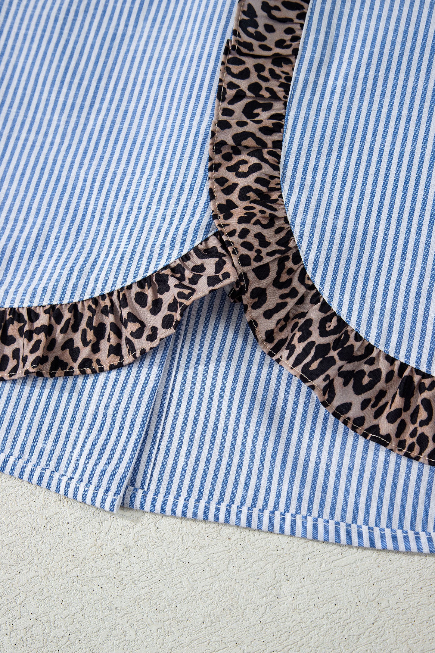 Stripe Leopard Ruffle Long Sleeve Buttoned Shirt