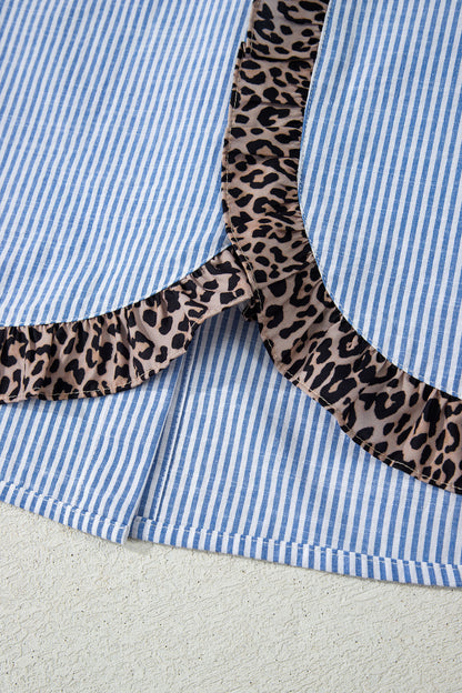 Stripe Leopard Ruffle Long Sleeve Buttoned Shirt