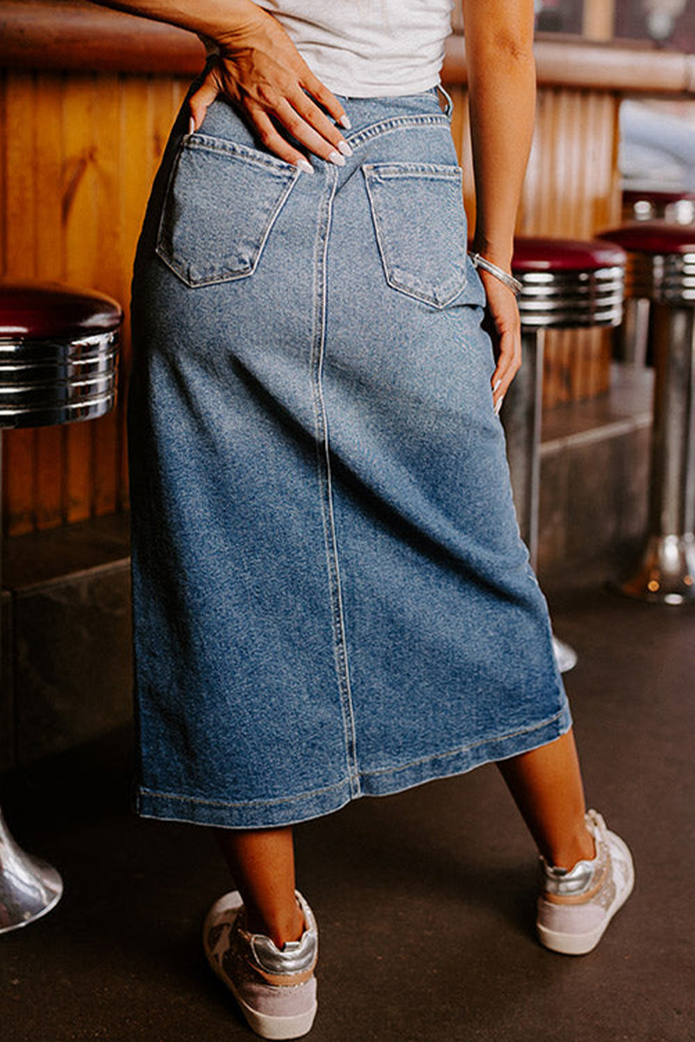 Denim Front Slit Midi Skirt