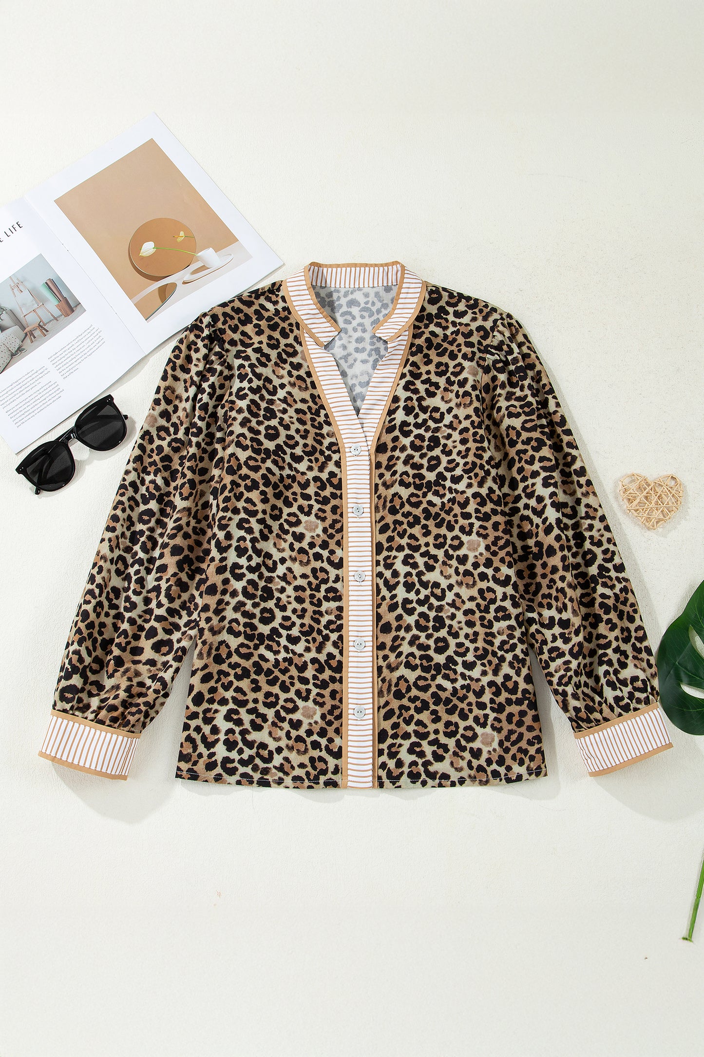 Leopard Contrast Stripe Buttoned V-Neck Shirt