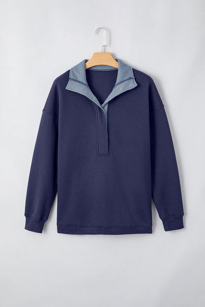 Waffle Knit Contrast Collar Half Buttoned Sweatshirt