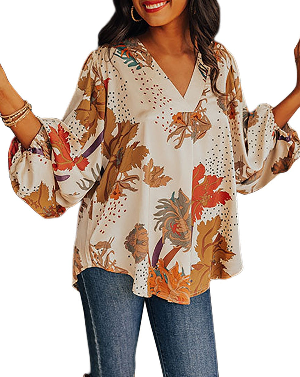 Floral V-Neck Puff Sleeve Blouse