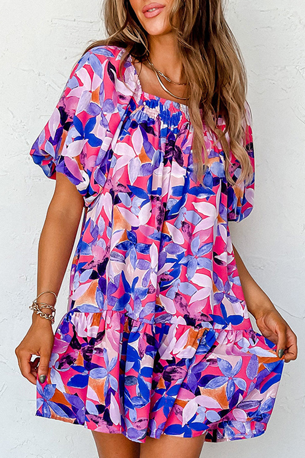 Floral Short Puff Sleeve Ruffle Dress