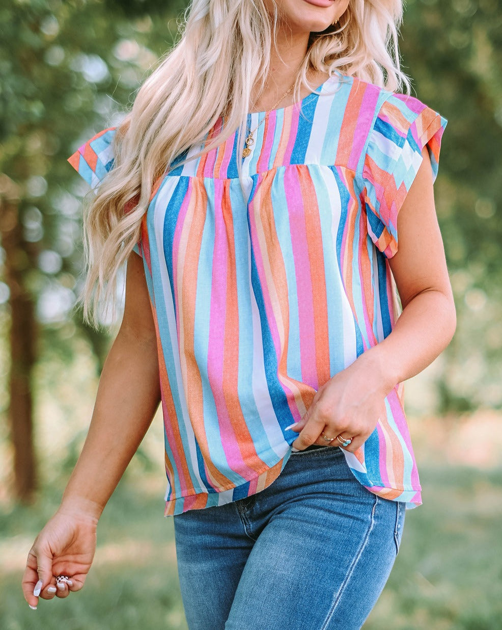 Stripe Ruffle Cap Sleeve Top