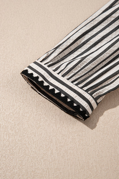 Stripe Scallop Trim Shirt Collar Maxi Dress
