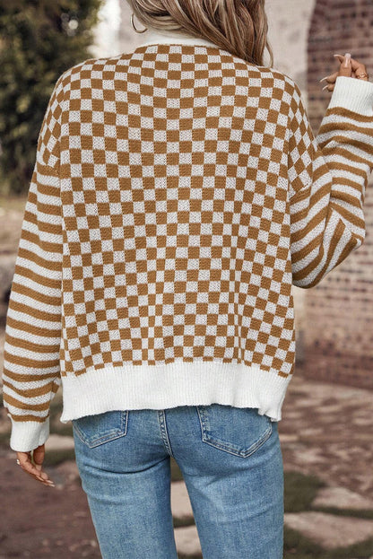 Checker Stripe Patchwork V-Neck Cardigan