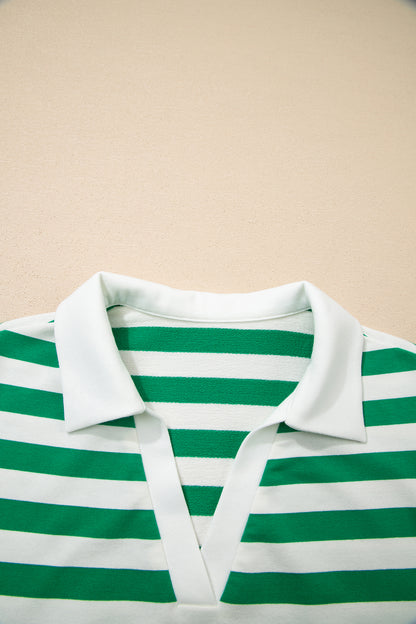 Stripe Collared V-Neck Ruffle Short Sleeve Blouse