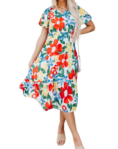 Floral Bubble Sleeve Midi Dress