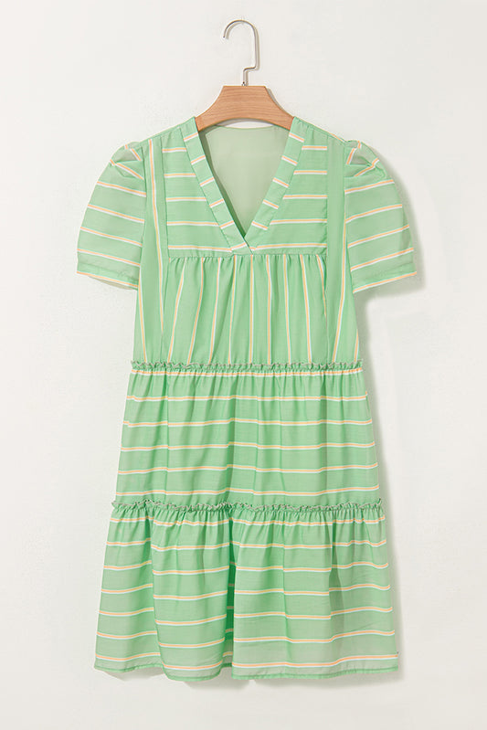 Stripe V-Neck Frilled Mini Dress