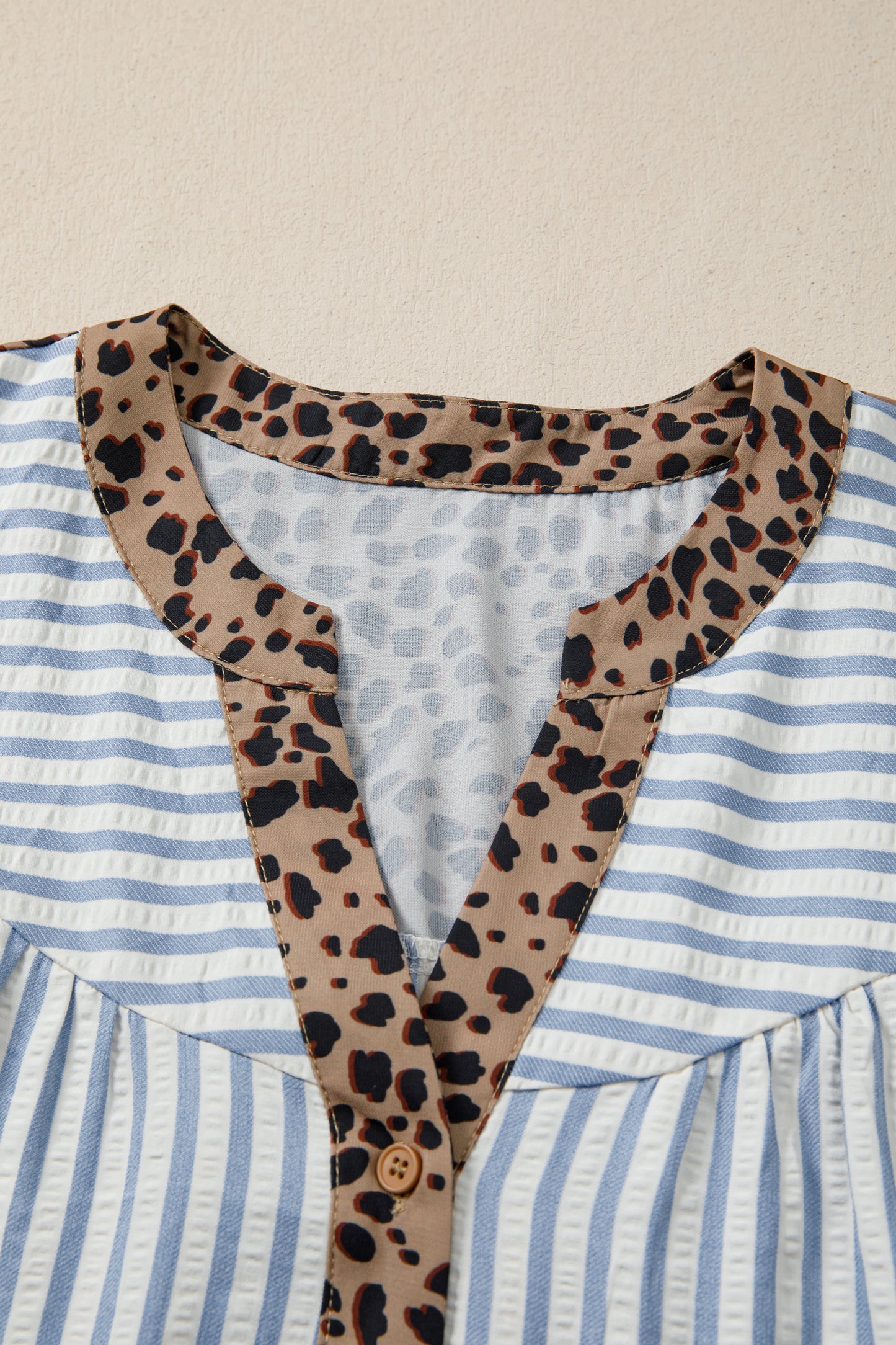 Stripe Leopard Trim V-Neck Buttoned Short Sleeve Shirt