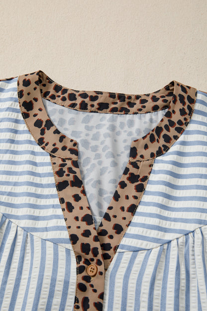 Stripe Leopard Trim V-Neck Buttoned Short Sleeve Shirt