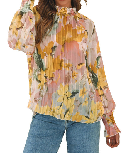 Floral Pleated Mock Neck Blouse