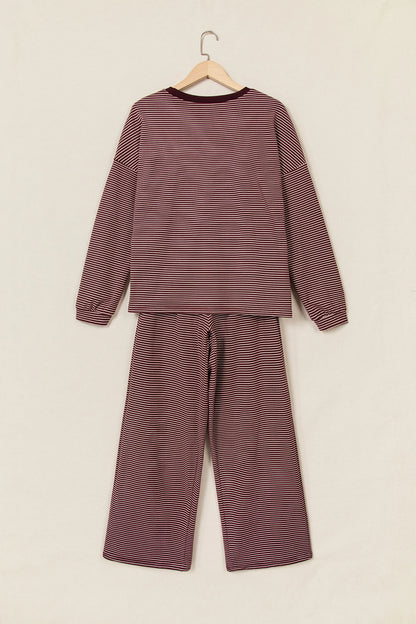 Stripe Contrast Trim Long Sleeve Top & Pant Set