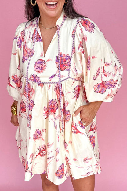 Plus Size Floral Balloon Sleeve Mini Dress