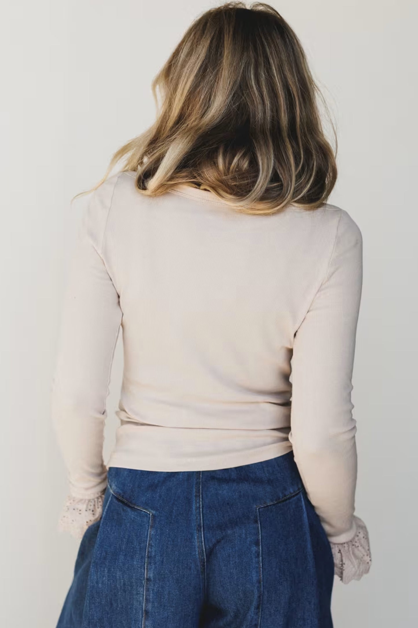 Lace Cuff Patchwork Round Neck Long Sleeve Top