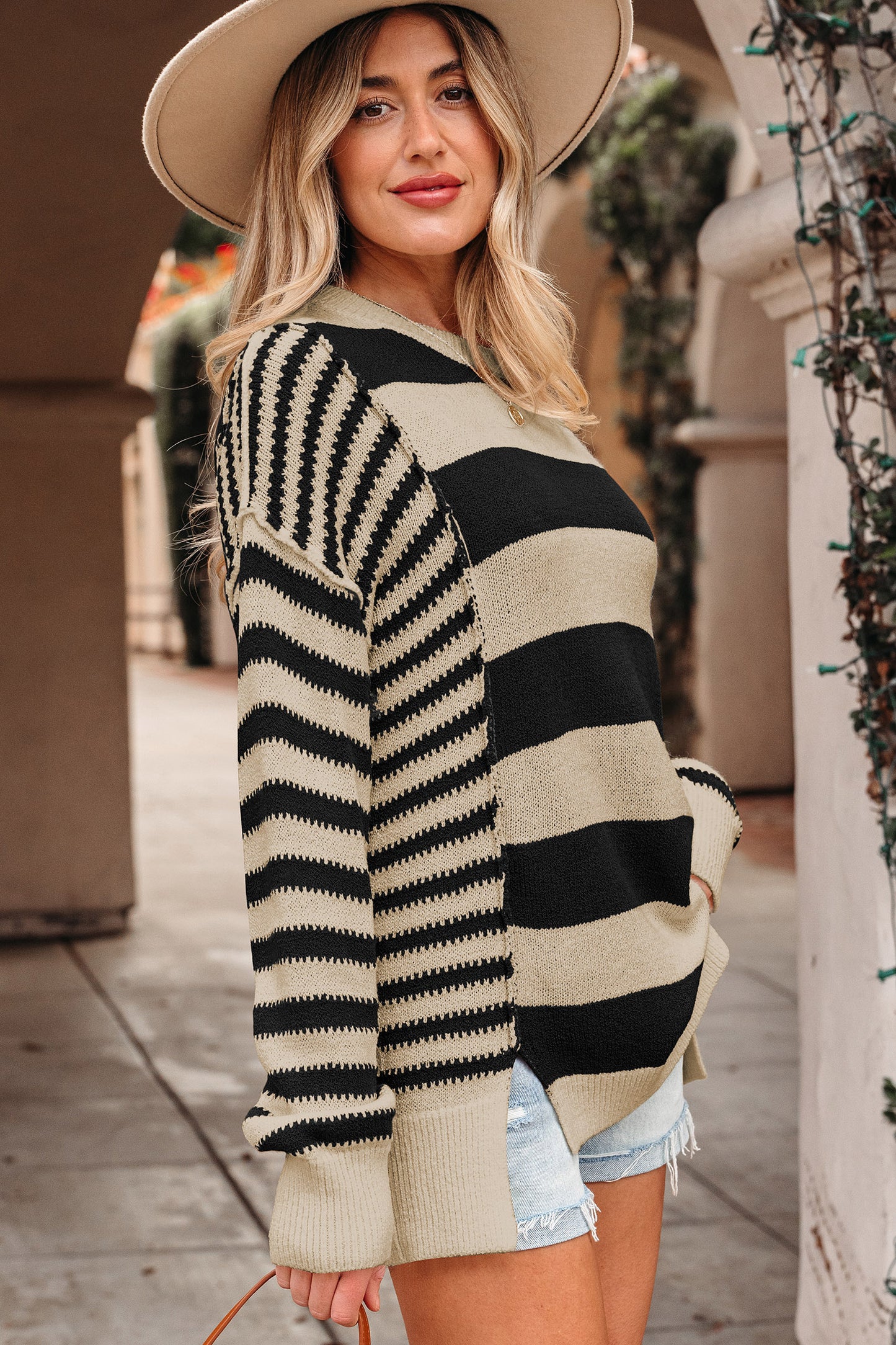 Stripe Patchwork Drop Shoulder Sleeve Sweater