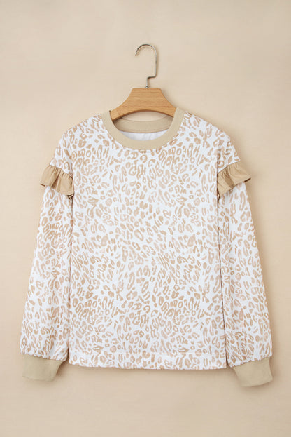 Leopard Ruffle Ribbed Trim Round Neck Sweatshirt