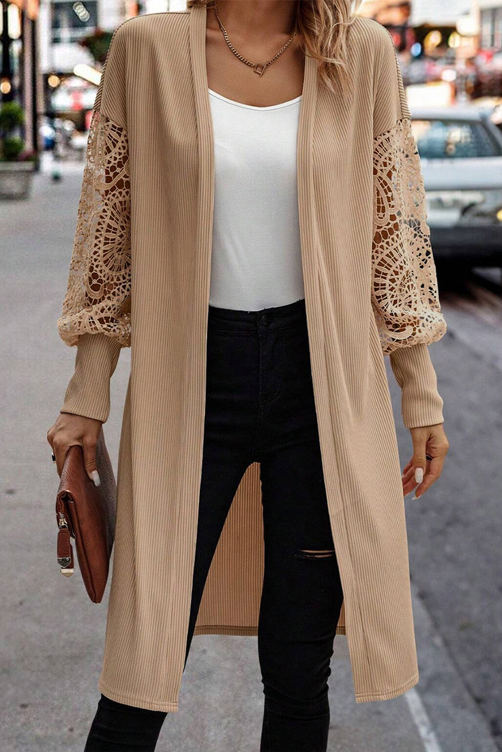 Lace Patchwork Ribbed Duster Cardigan