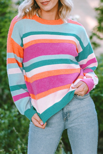 Multicolor Stripe Puff Sleeve Sweater