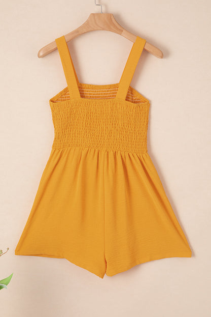 Solid Smocked Sleeveless Pocketed Romper