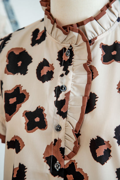 Leopard Ruffle Sleeve Button Up Blouse