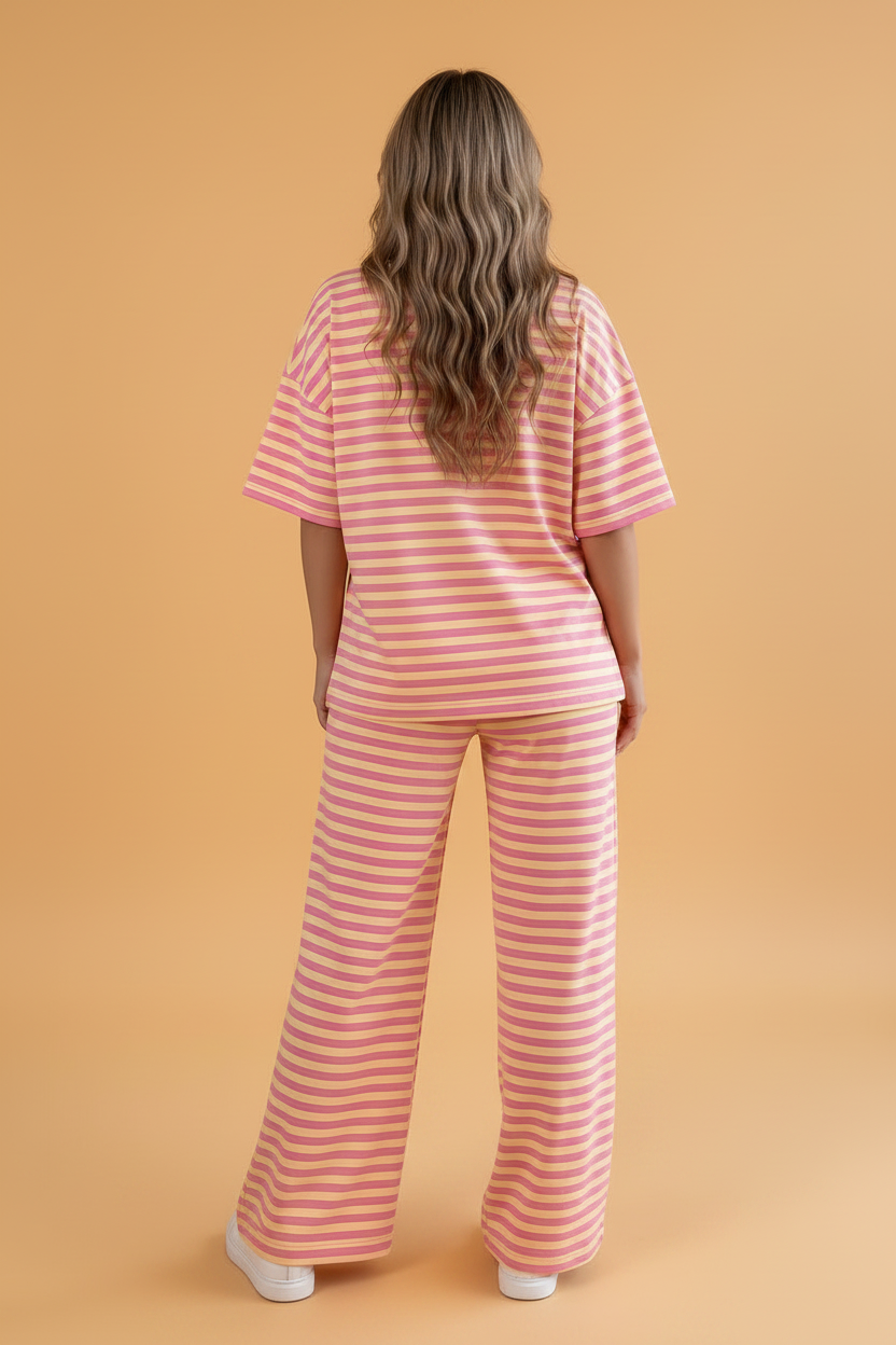 Stripe Colorblock Crew Neck Loose Tee & Drawstring Pants Set