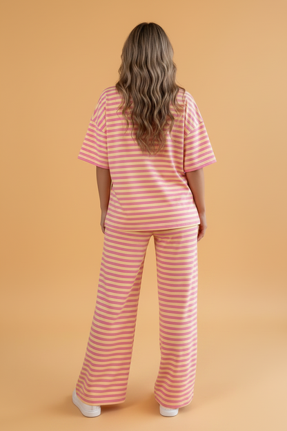 Stripe Colorblock Crew Neck Loose Tee & Drawstring Pants Set