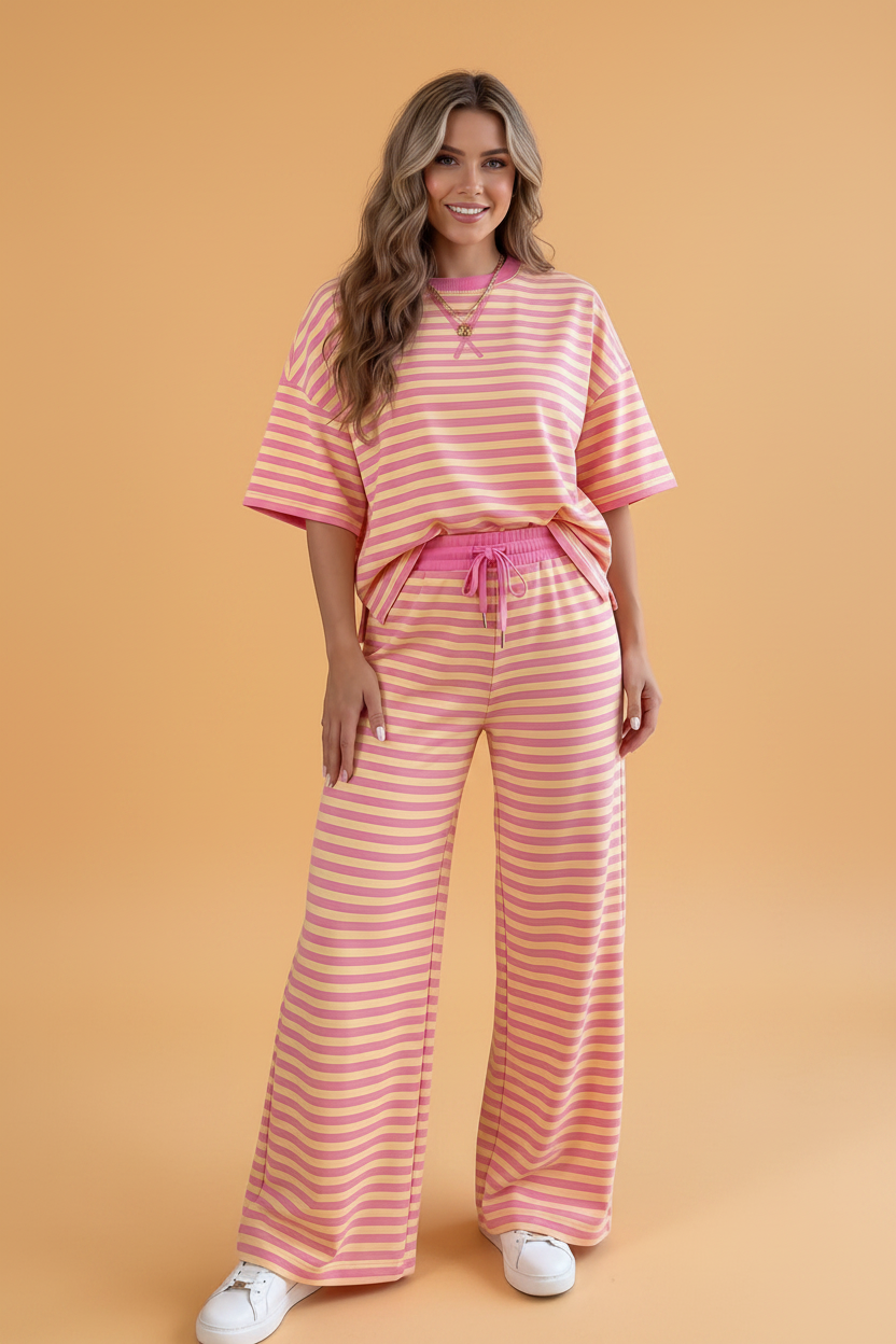 Stripe Colorblock Crew Neck Loose Tee & Drawstring Pants Set